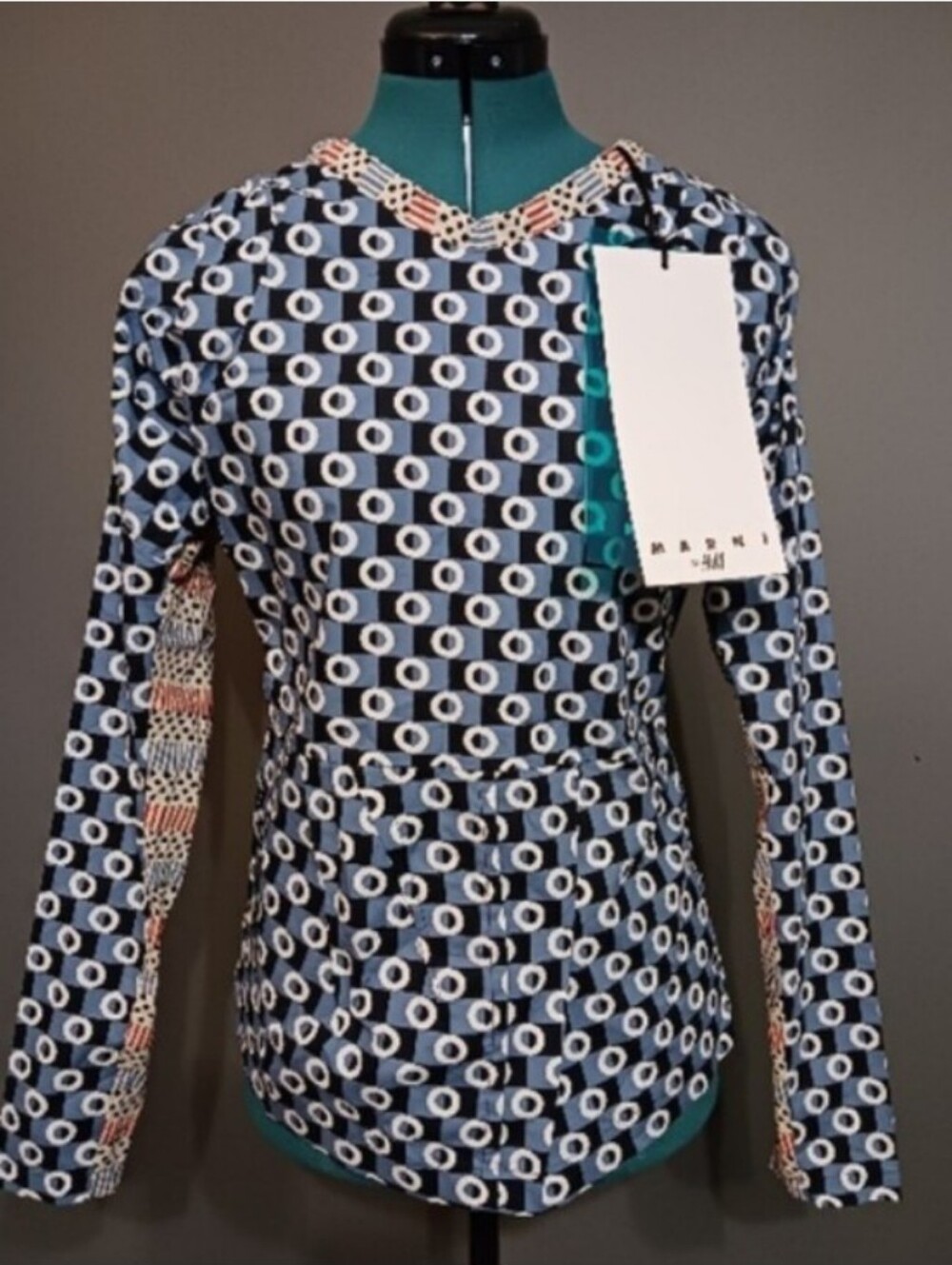 NWT Marni H & M Navy & White Geometric-Print Long Sleeve Top, Blouse Size 4